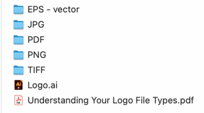 Deliverables include a complete logo array and brand color guide